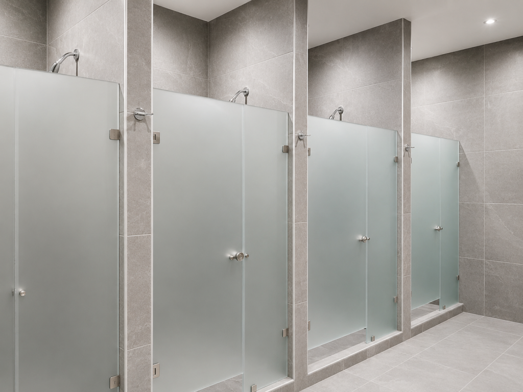 Mamparas de cristal esmerilado en área de baños