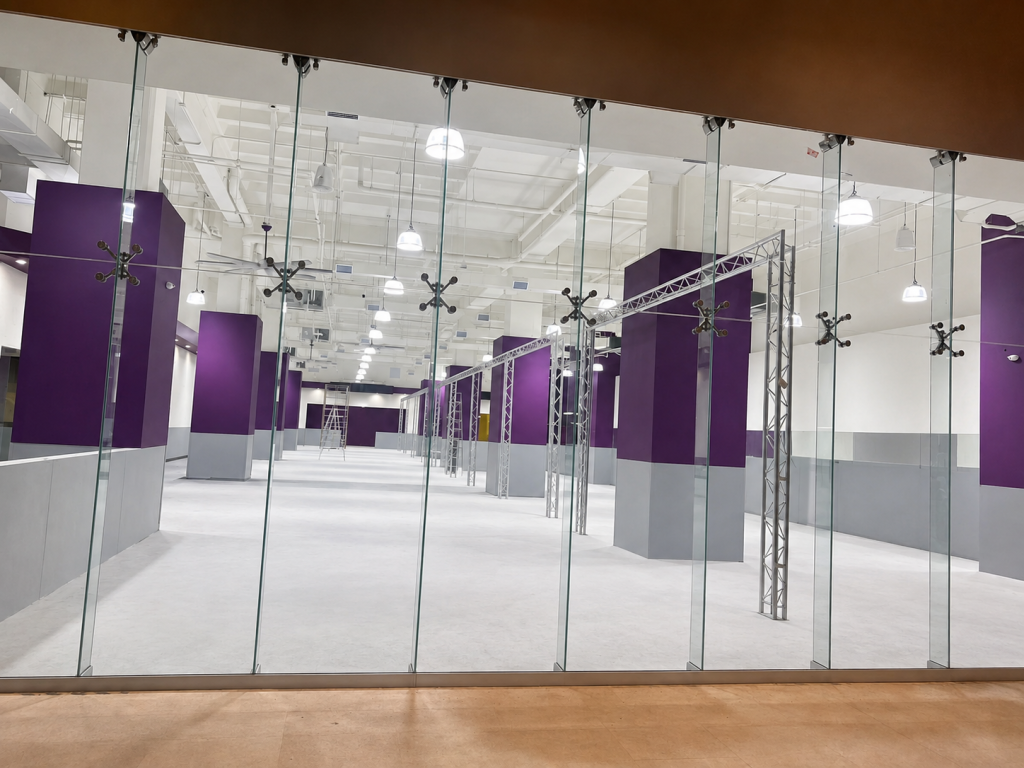 Montaje de fachada de cristal durante ejecución de obra