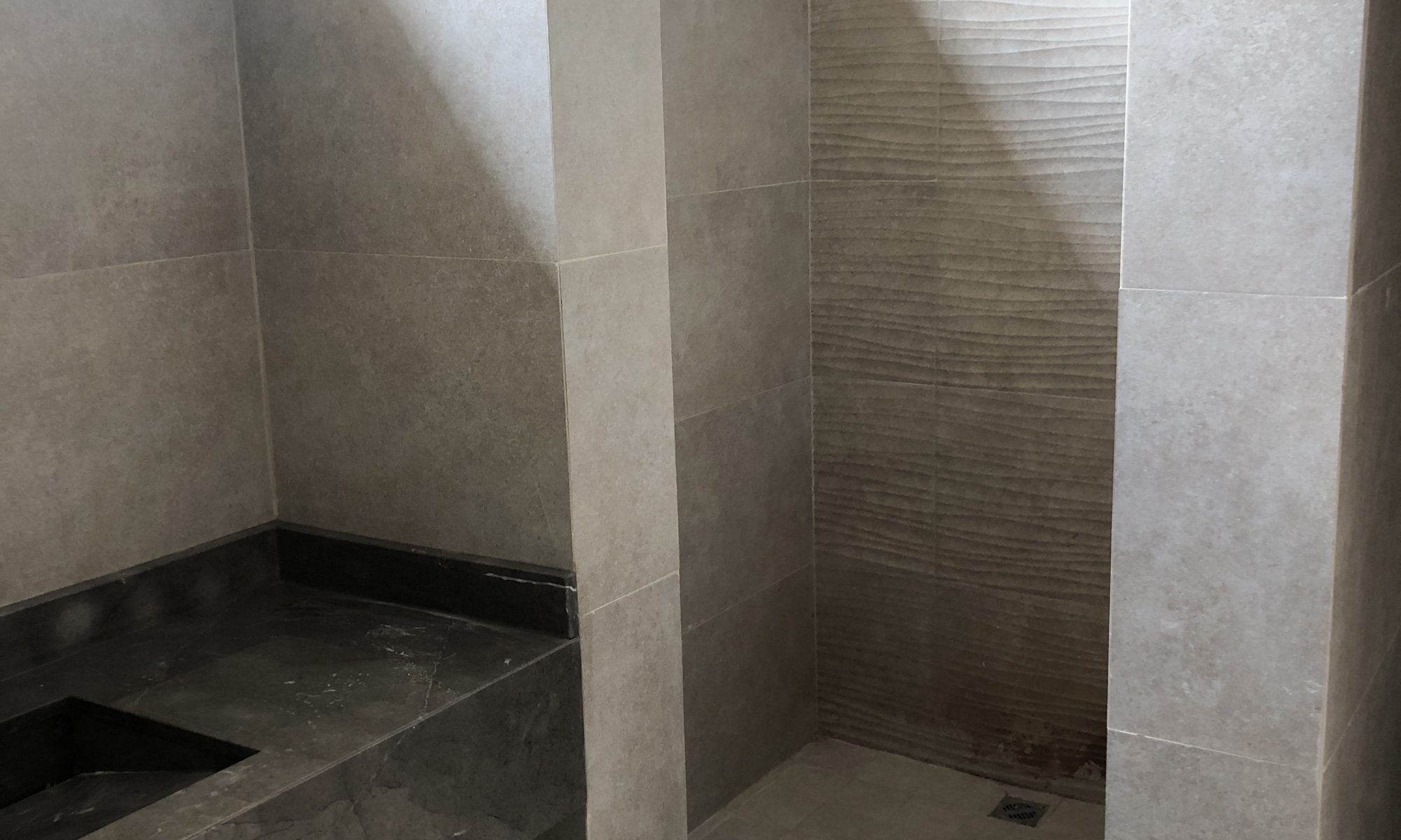 Baño en proceso de remodelación con regadera y cubierta